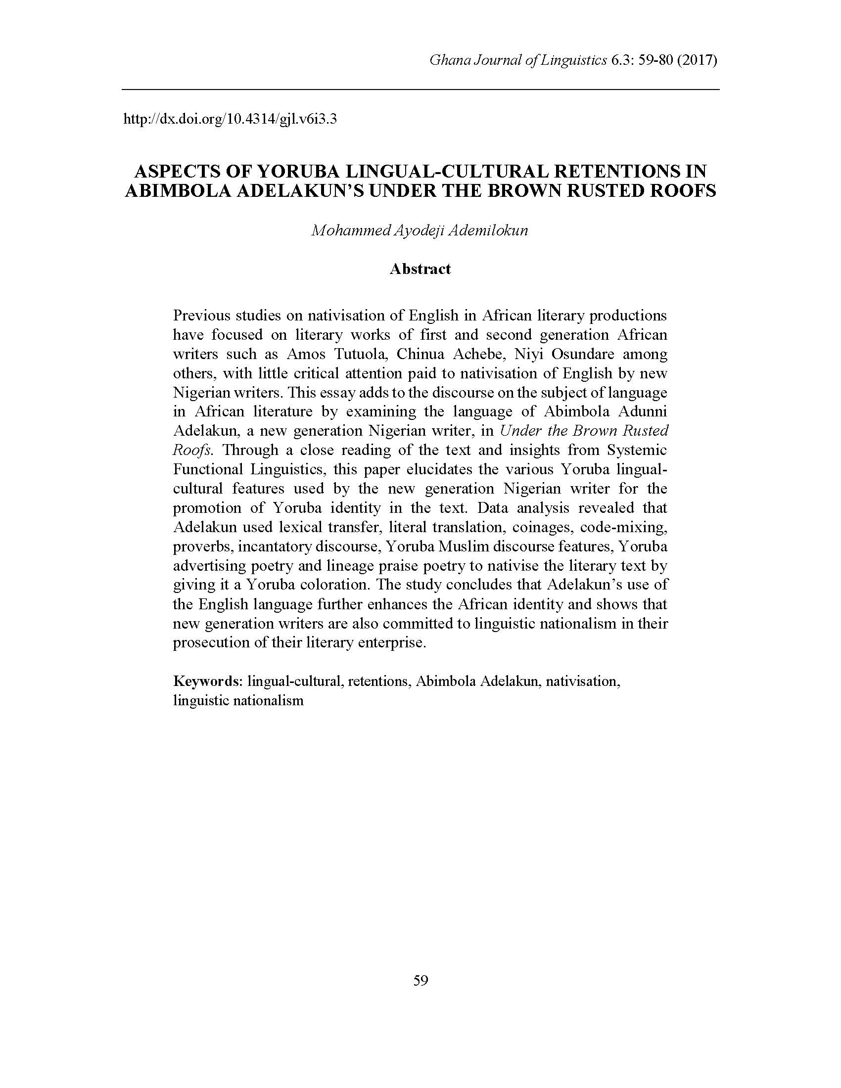 Ademilokun: Aspects of Yoruba Lingual-cultural Retentions in Abimbola Adelakun’s Under the Brown Rusted Roofs