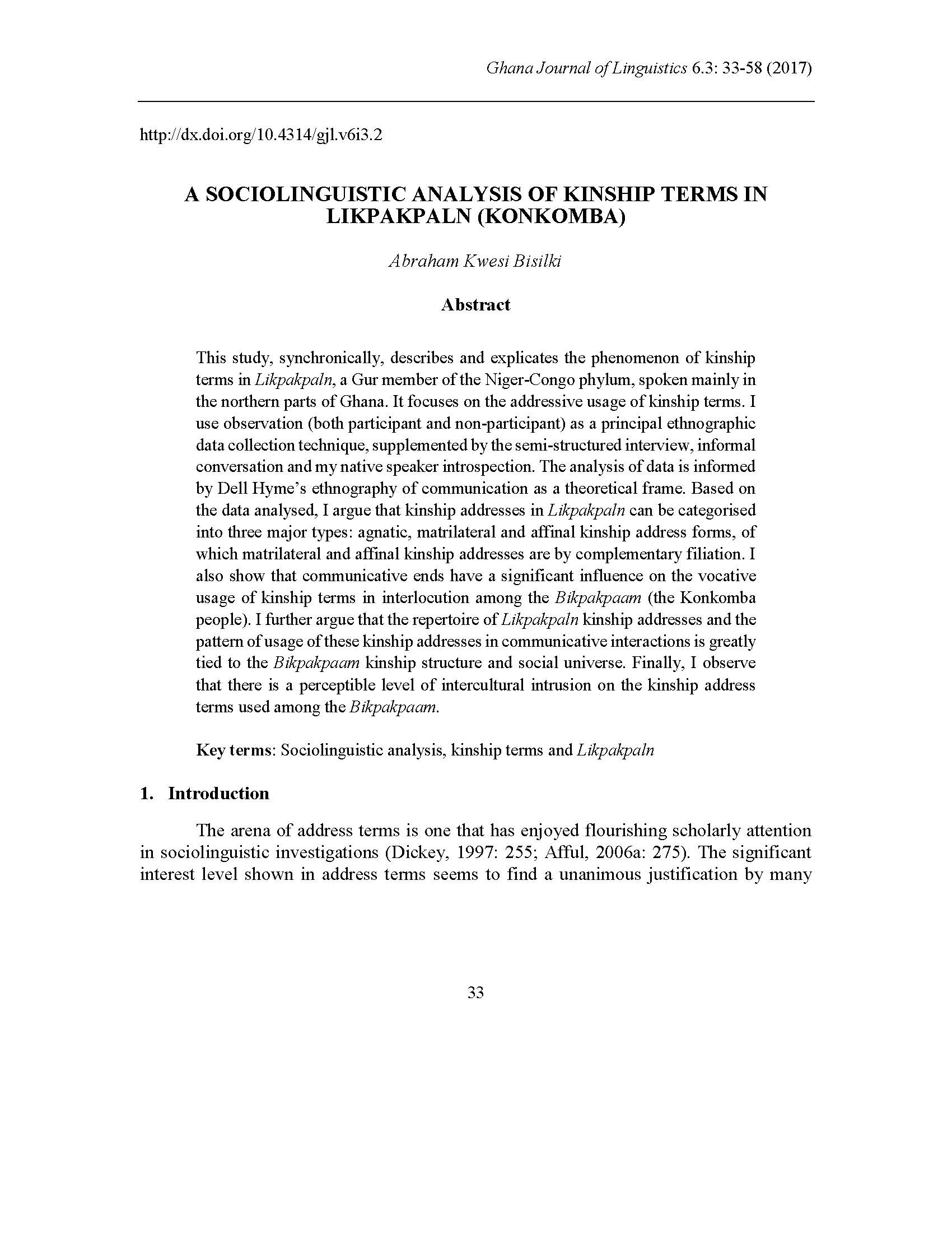 Bisilki: A Sociolinguistic Analysis of Kinship Terms in Likpakpaln (Konkomba)
