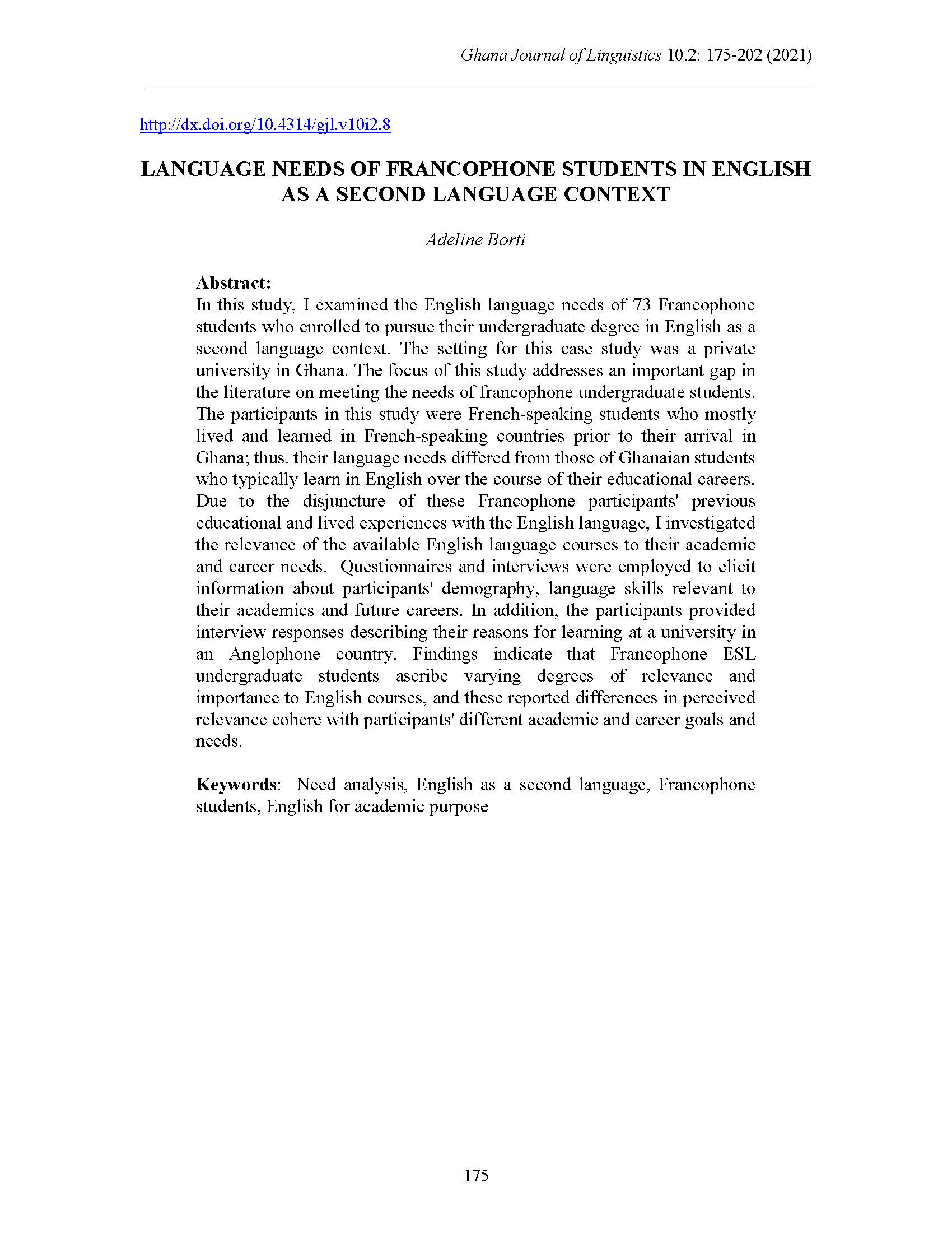 Language Needs of Francophone Students in English as a Second Language Context