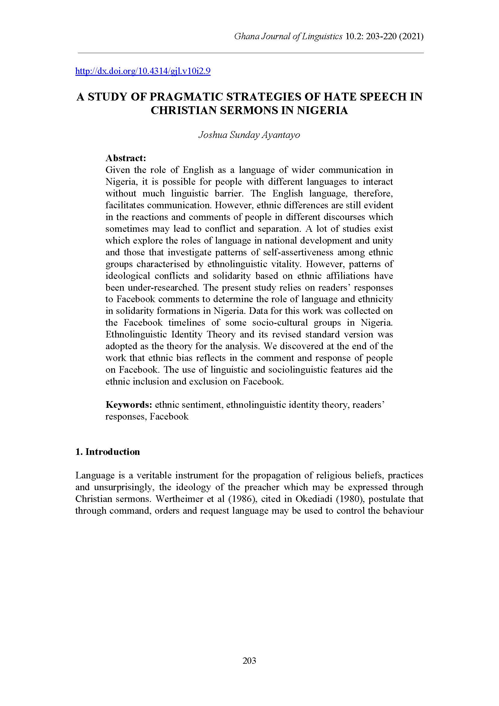 A Study of Pragmatic Strategies of Hate Speech in christian Sermons in Nigeria